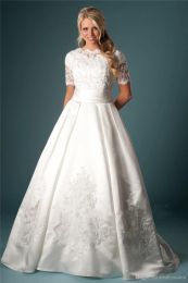 Dresses Vintage Lace Satin Short Sleeves Moest Wedding Dresses Ball Gown High Neck Wedding Gowns With Sleeves Beaded Lace Appliques