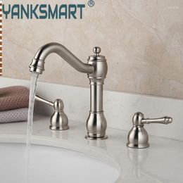 Bathroom Sink Faucets YANKSMART Basin Faucet Mixer Taps Brushed Nickel Brass Luxury Cold Water Double Handle Deck Mounted