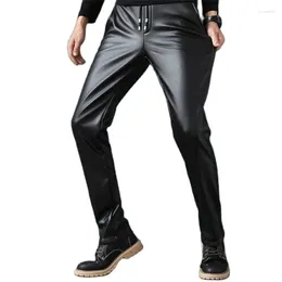 Erkek pantolon adam deri artı kadife ince pu pantolonlar sıcak yüksek elastik motosiklet erkek kalın sıska pantalon capris 40