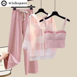 Plaid Patchwork Chiffon Shirt Pink Suspender Wide Leg Pants Threepiece Elegant Womens Set Summer Sportswear Outfits 240407
