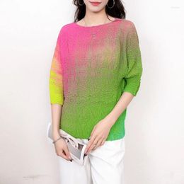 Women's T Shirts Miyake Pleated Top 2024 Spring Fashion Gradient Color Sprinkled Silver Powder Casual All-match Bottoming Shirt