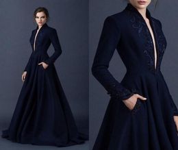 Navy Blue Evening Gowns Embroidery Paolo Sebastian Dresses Custom Made Beaded Formal Party Wear Ball Gown Plunging V Neck Prom Dre3375912