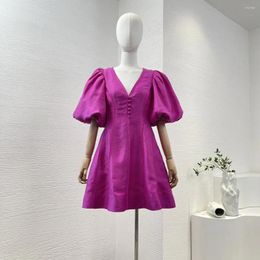 Party Dresses 2024 Vintage Spring Summer Rose Red Puff Sleeve V Neck Simple Design Mini Dress For Women