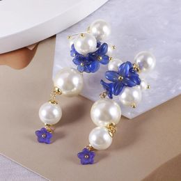 Stud Earrings European And American Trend Jewellery Wholesale Elegant Temperament Size Pearl Resin Blue Flower Long