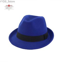 Wide Brim Hats Bucket QBHAT unisex wool felt rolled up short jazz Fedora hat black ribbon womens formal party Trilby soft yq240407