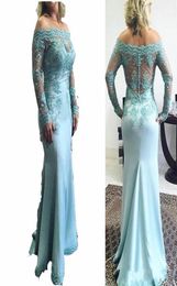 2022 Vintage Turquoise Mother Of The Bride Dresses Off Shoulder Lace Appliques Crystal Beads Long Sleeves Mermaid Plus Size Party 7514781