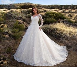 Cheap In Stock A Line Lace Wedding Dresses Long Sleeves Jewel Neck V Back Open Vintage Bridal Gowns Jewel Neck Swrrp Train Outdoor4348709