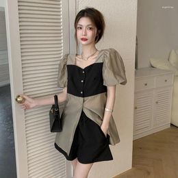 Work Dresses Women Square Collar Contrasting Color Splicing Puff Short-sleeved Shirt Shorts Retro Loose Sun Protection Slimming Two-piece