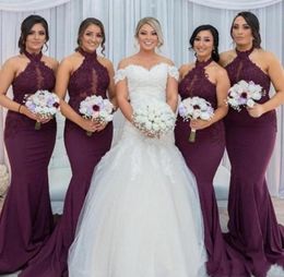 Cheap Burgundy Lace Halter Bridesmaid Dresses Keyhole Sheer Neck Custom Made Mermaid Wedding Guest Gowns Vestido Gadern3052733