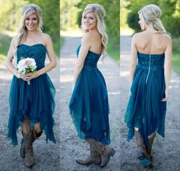 2021 Cheap Country Bridesmaid Dresses Short Cheap For Wedding Teal Chiffon Beach Lace High Low Ruffles Party Maid Honour Gowns 2515813