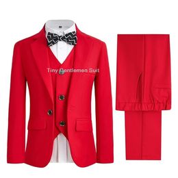 Boys Formal Red Dress Suit Set Children Wedding Birthday Pography Performance Costume Kids Blazer Vest Pants Bowtie Outfit 240401