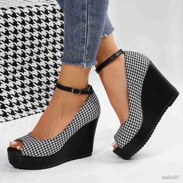 Dress Shoes Womens Black Wedge Heeled Sandals Fashion Buckle Strap Platform Pumps Stylish Peep Toe Heels