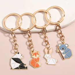 Keychains Lanyards Cute Animal Keychain Panda Fox Rabbit Koala Key Ring Origami Enamel Chains Friendship Gifts For Women Men Handmade Jewellery Q240403