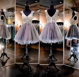 Sparkling V Neck Cheap Homecoming Dresses With Cap Sleeves Beads Crystals Sequins Ruffles Tulle Skirt Short Party Dress Cheap Prom9631474