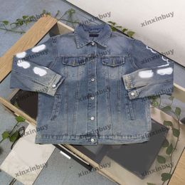 xinxinbuy Men designer Coat Jacket Panelled Denim fabric Graffiti letter printing long sleeve women Black Dark Blue brown M-2XL