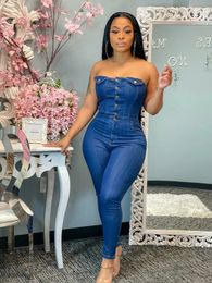 Summer Denim Stretch Jumpsuit Sexy Women Strapless Bodycon Blue Jeans Casual Overalls Rompers 240402