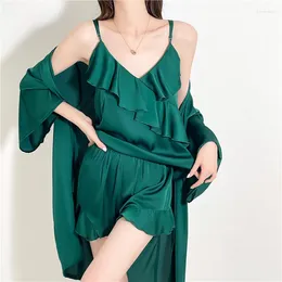 Home Clothing 3 Piece Set Sexy Cami Top&shorts&robe Homewear Ruffles Satin Pajamas Suit Women Loose Sleepwear Rayon Loungewear Shorts