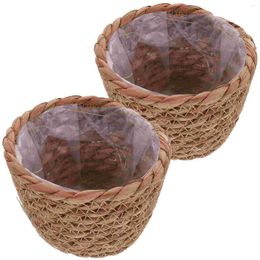 Vases 2 Pcs Straw Flower Pot Indoor Planters Outdoor Plants Woven Baskets Holder Dry Cattail Rustic Bride Hand