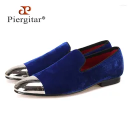 Casual Shoes Piergitar Black And Blue Velvet Men With Gold Sliver Toe Metal Fashion Prom Banquet Loafers Handmade Male Flat