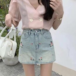 Skirts 2024 Women's Summer Skirt Y2k Embroidery Floral Denim Bustier Female High Waist A Word Package Hip Short Mini Jean