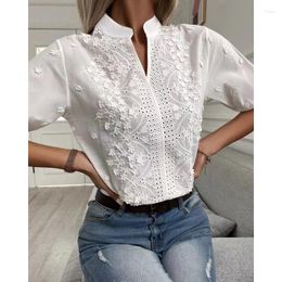 Women's Blouses Summer Women Casual Chic V Neck Hollow Out Floral Pattern Eyelet Embroidery Half Sleeve Daily Wear Top Hazbin El