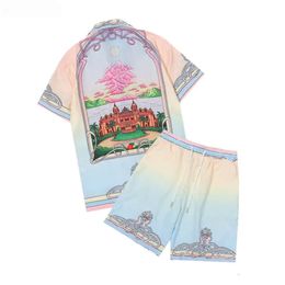 2024 Casablanca New Ping Pong Classic Mens Shirts Prairie Green Print Unisex British Silk Shirt Short Sleeve Designer Tees Womens Loose Summer Beach Shorts s