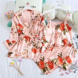 Home Clothing Spring Autumn 3pcs Pyjamas Suit Satin Intimate Lingerie Casual Pink Print Flower Sexy Homewear Nightwear