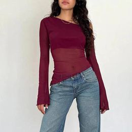 Women's T Shirts Casual Women T-shirt Long Sleeve One-shoulder Top See-through Slim Fit Fall Tops Clubwear Streetwear Y2k