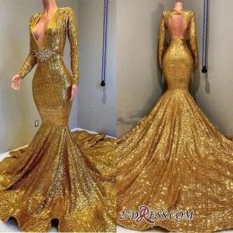 Dresses Bling Bling Gold Sequined Mermaid Evening Dresses Deep V Neck Long Sleeves Formal Dresses Evening Wear Special Occasion Dress Robe