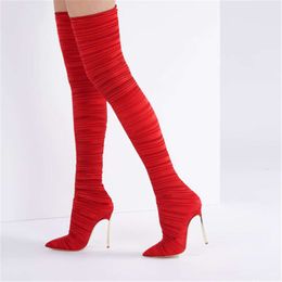 High Tube Over Knee Boots Womens Shoes Large Elastic Cloth Autumn and Winter Leather