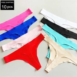 10 PCSSet Solid Silk Women Underwear Thong Seamless Female Lingerie SXL Gstring Tangas 240407