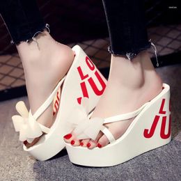 Slippers Summer Arch Wedge Flip-flops Women's Wear Bow Sweet Vacation Sandals Beach Banquet Sexy High Heel 11cm Appear Thin Shoes