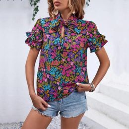 Women's Blouses Ruffle Short Sleeve Pullover Tops Stylish Summer Stand Collar Blouse Ethnic Style Floral Print Shirt For Her