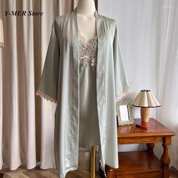 Home Clothing Women V-Neck Nightgown Spring Robe Suit Sexy Lace Hollow Out Sleepwear Chemise Nightwear Lady Rayon Bathrobe Gown Loungewear