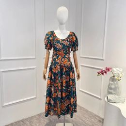 Party Dresses 2024 Fall Top Quality Cotton Bohemian Floral Print Cut Out Waist Short Sleeve Midi Dress For Women