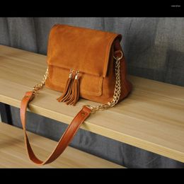 Shoulder Bags Suede Bag Chain Crosssbody Women Brown Purse Genuine Leather For Retro Vintage Tassel Crossbody