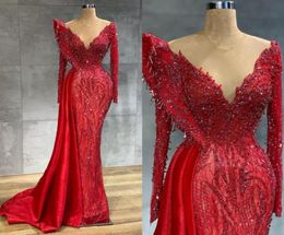 Aso Ebi 2022 Arabic Red Luxurious Mermaid Evening Dresses Beaded Lace Prom Dresses Sheer Neck Formal Party Second Reception Gowns 6870925