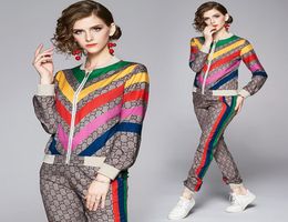 runway rainbow striped two piece sets plus size women long sleeve print jackets coat long pants 2 pcs ladies designer two piece pa1807672