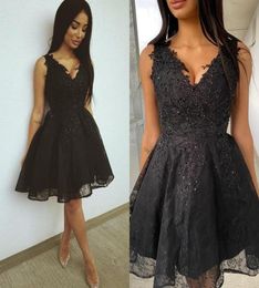 Chic V Neck Sleeveless A Line Short Prom Dresses Tulle Lace Applique Knee Length Black Cocktail Party Dresses2479981