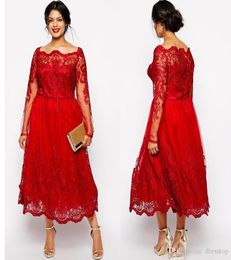 Stunning Red Plus Size Evening Dresses Sleeves Square Neckline Lace Appliqued ALine Prom Gowns Tulle TeaLength mother of the bri8427926