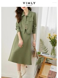 Work Dresses VIMLY Green Textured Two Piece Outfits Skirt Sets Spring 2024 Women Office Clothes Long Sleeve Cropped Jacket A Line Midi