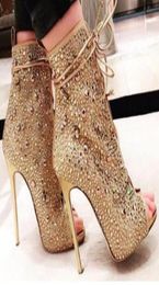 Bling Bling Peep Toe Stiletto Thin High heels Boots Peep Toe Crystal Sandal Boots Glitter Rhinestone Laceup Short Ankle Booties3776989