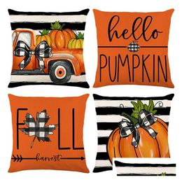 Cushion/Decorative Pillow Fall Ers 18X18 Orange Watercolor Pumpkin Decor Throw Pillows Case For Couch Autumn Harvest Indoor Outdoor Dh47C