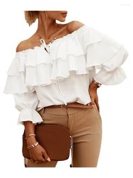 Women's Blouses Women Fashion Wild Shirts Solid Colour Boat-Neck Off-Shoulder Half Sleeve Chiffon Summer Casual Ruffles Tie-Up Tops