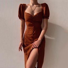 Party Dresses Elegant French Style Puff Sleeve Bodycon Dress Women's Sexy V-neck Slits Long High Waist Midi 2024