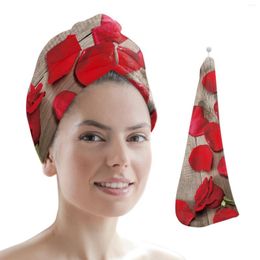 Towel Red Rose Petals On A Wooden Table Dry Hair Cap Microfiber Long Drying Hat Quick-dry Absorbent