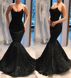 2019 Black Prom Dresses Mermaid Dress Designer Strapless Neckline Applique Beads Sequins Backless Dresses Evening Wear Plus Size F3306026