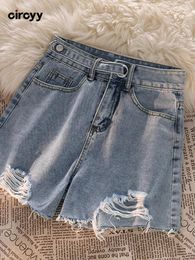 Women's Jeans Circyy Jean Shorts Women Summer Tassel Ripped Chic Blue Denim Loose High Waist Pockets Casual 2024 Vintage Streetwear