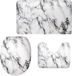 Mats Grey White Marble 3 Piece Bathroom Rug Set Includes Bath Rug, Contour Mat and Toilet Lid Cover, Machine Washable,