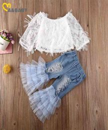 MaBaby 16Y Spring Summer Children Kid Girls Clothes Set Lace Long Sleeve T shirt Ruffles Tulle Jeans Denim Pants Outfits 2108044287638